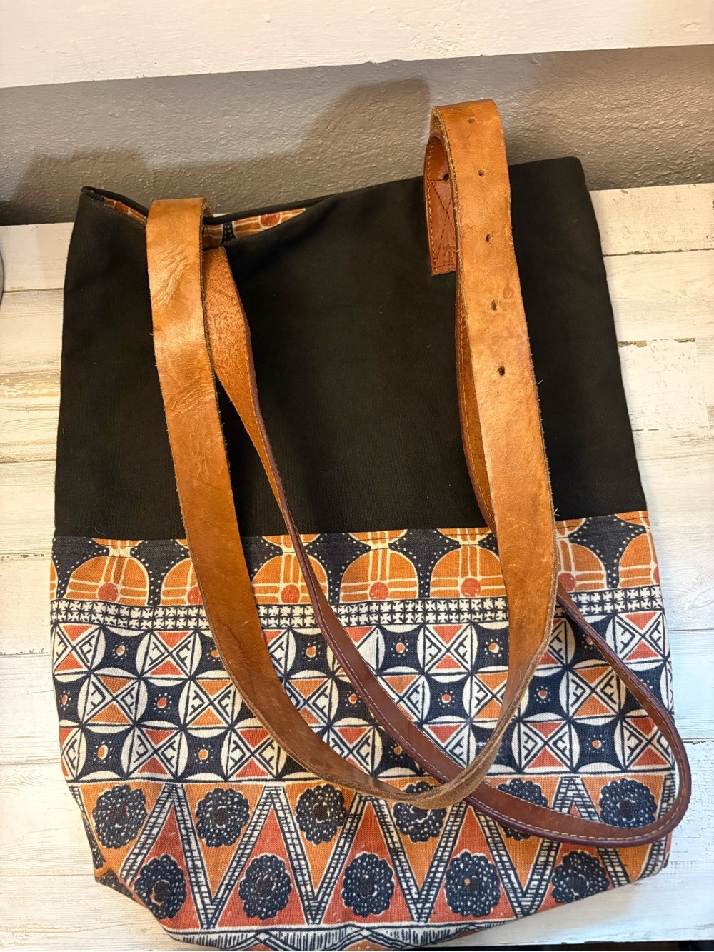 Black & Orange Patterned Canvas Satchel with Brown Leather Straps Shirikisha